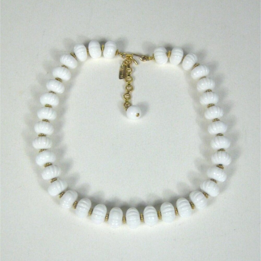 Vintage Monet White Bead Lucite Choker Necklace 16 in Gold Tone Statement